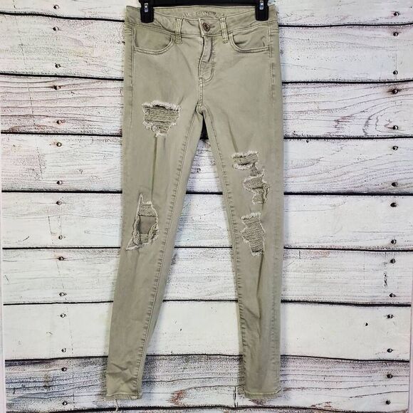 American Eagle Women’s Jegging Size 4 Distressed Olive Green Level Stretch - Picture 1 of 9